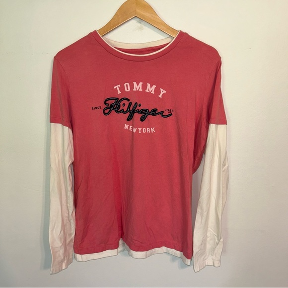 Tommy Hilfiger Double Layer Long Sleeve T Shirt XL Pink White Stretch Twofer - Picture 1 of 6